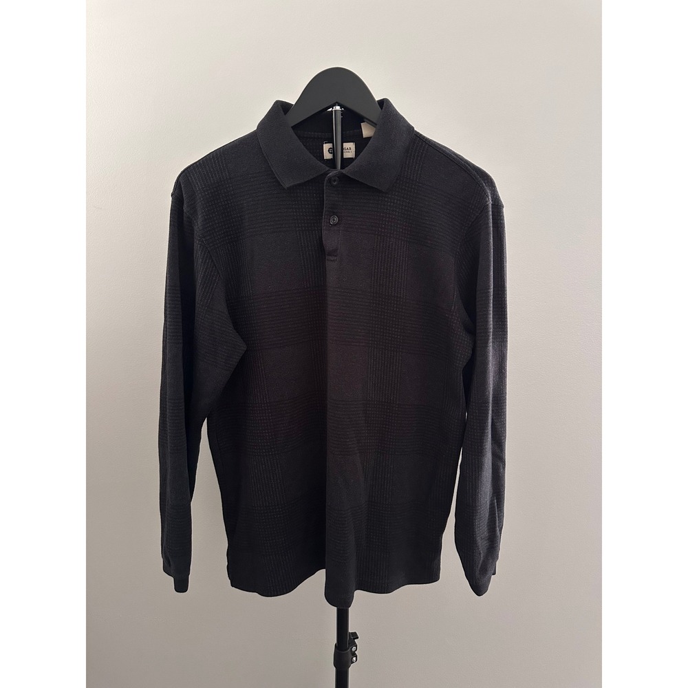 Haggar Mens Long Sleeve Polo Shirt Gray Black Plaid Textured Knit Size M